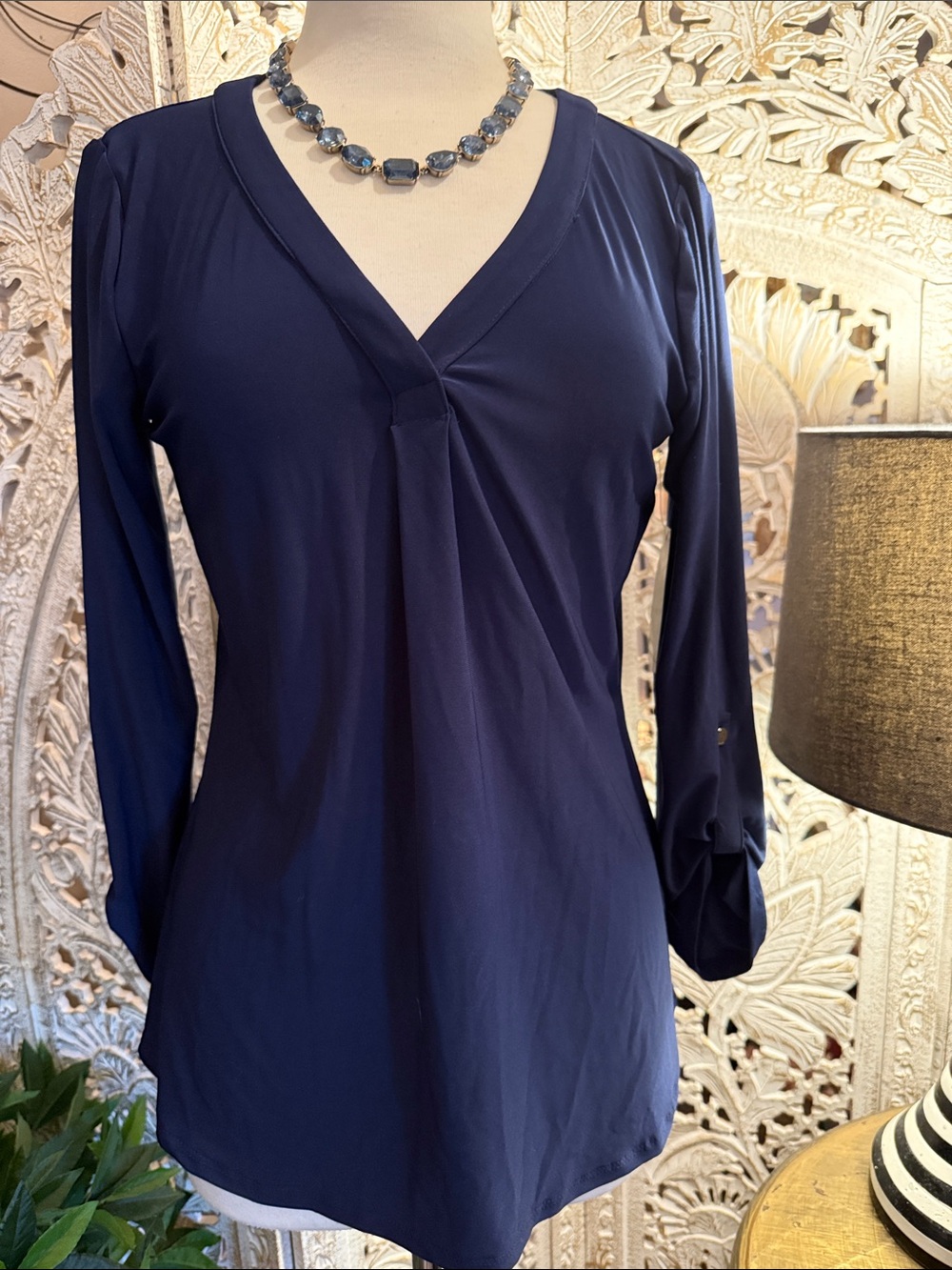 Kim Rogers Navy V-Neck Long Sleeve Blouse